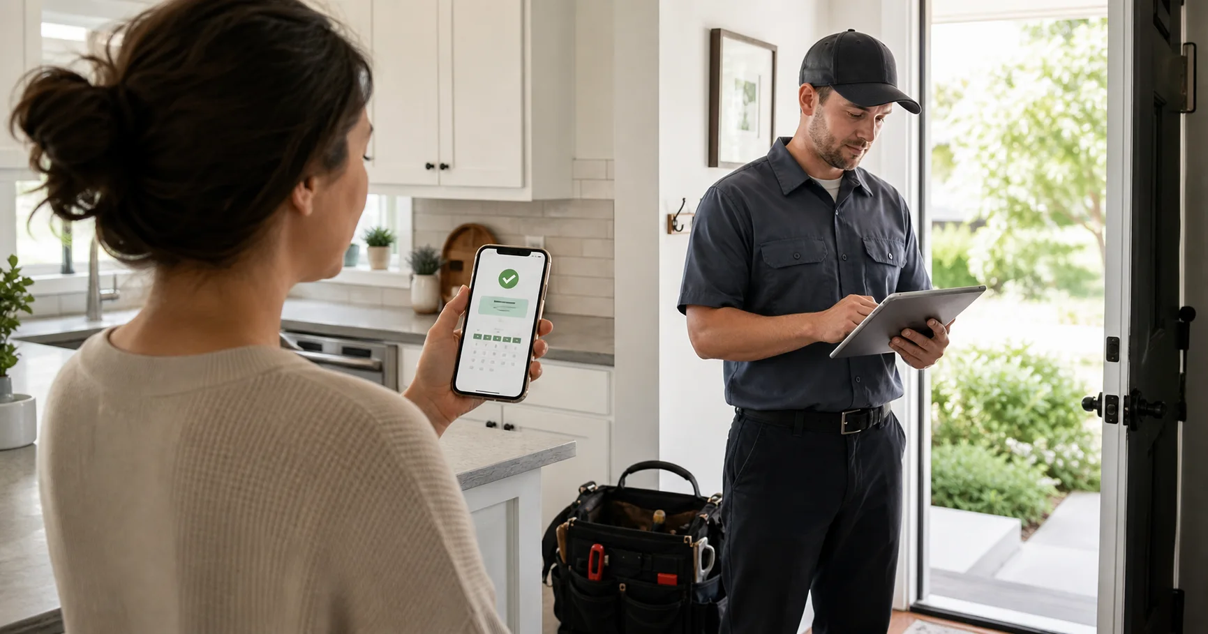 Home-service customer and technician using booking confirmation tools