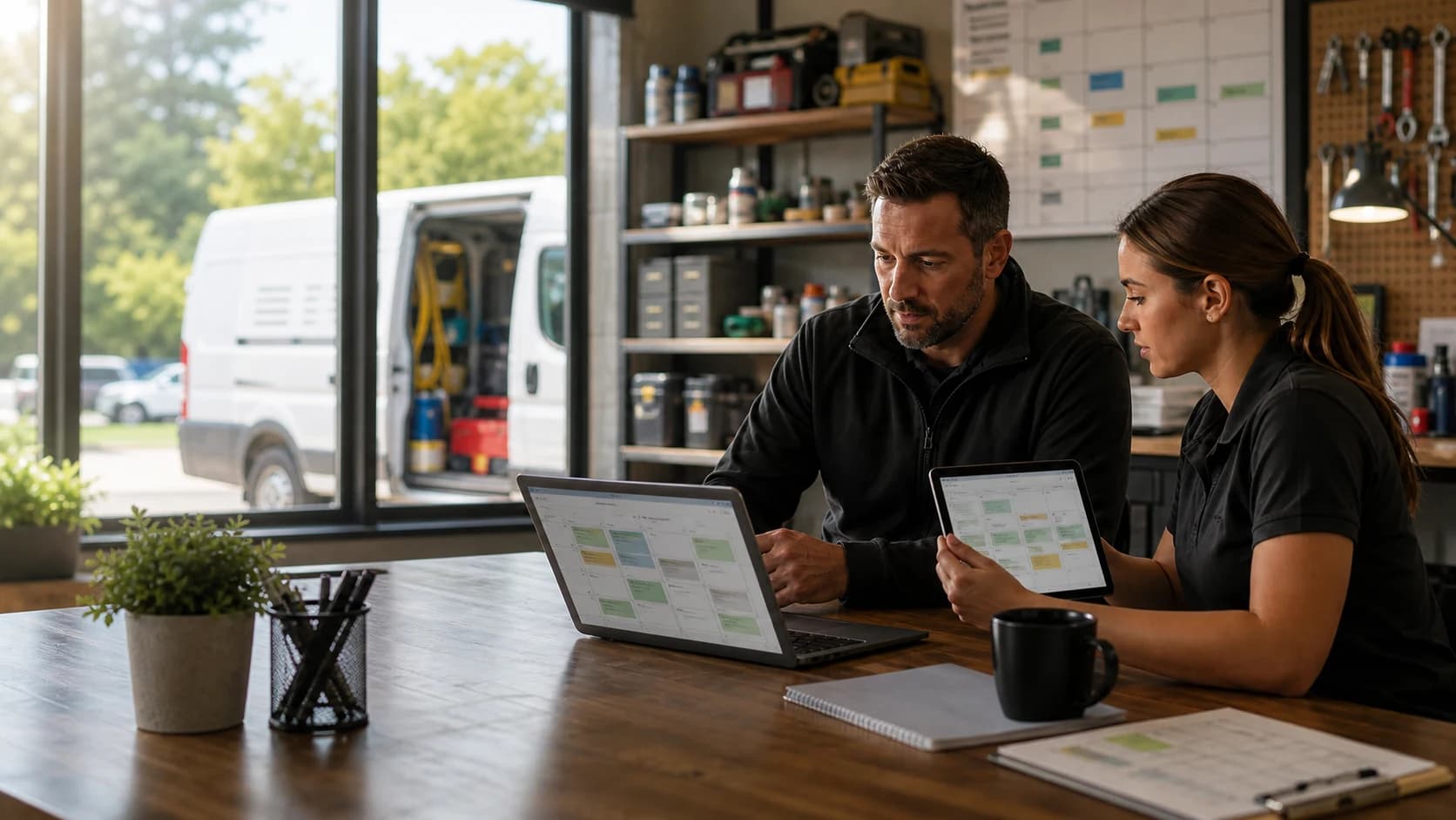 Service business team reviewing online bookings in a dispatch office